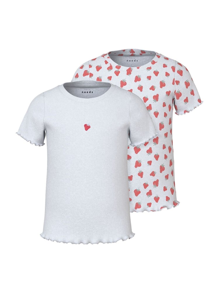 Name It White Strawberry Fruit Print Ribbed T-Shirts 2 Pack - Image 1 of 3