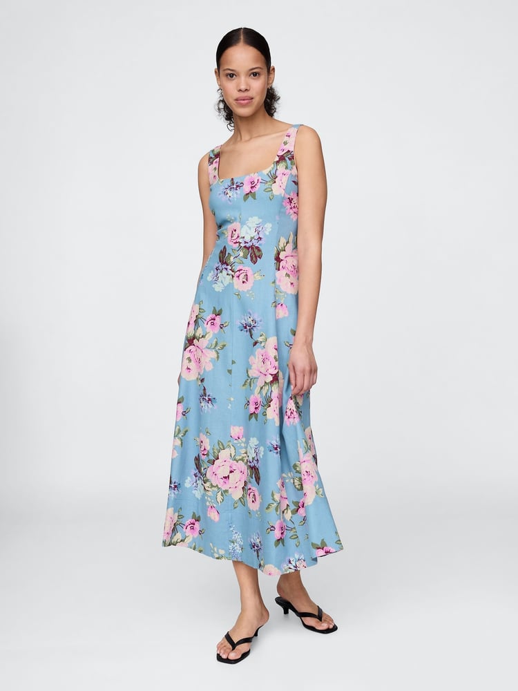 Gap Blue Floral Linen-Blend Square-Neck Maxi Summer Dress - Image 1 of 5