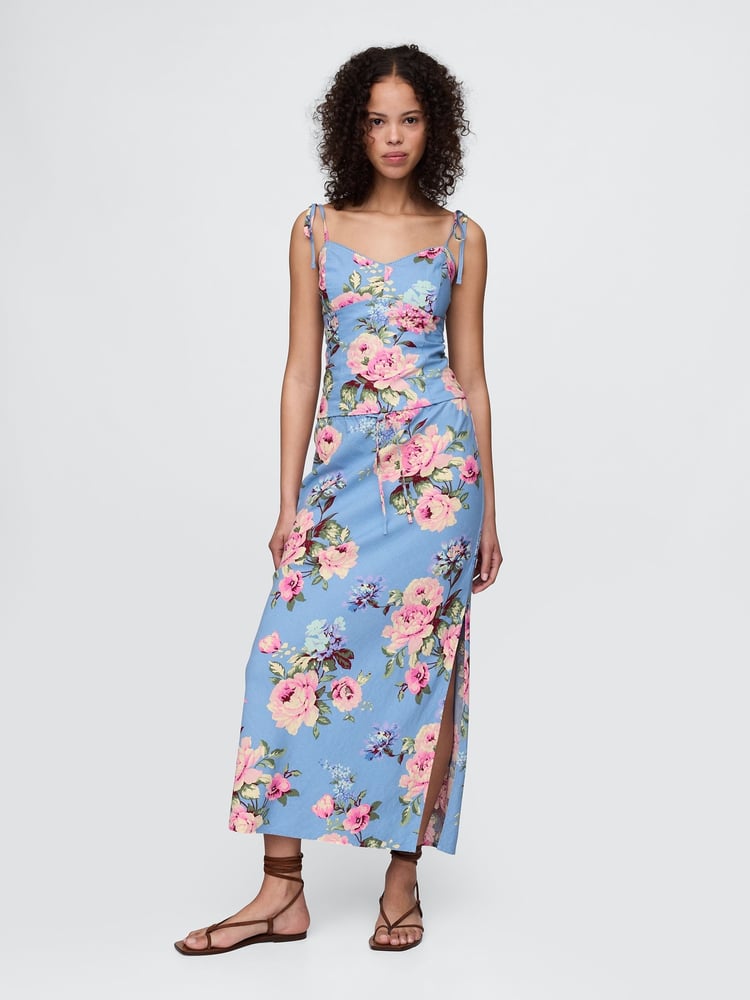 Gap Blue Floral Linen-Blend Midi Skirt - Image 1 of 2