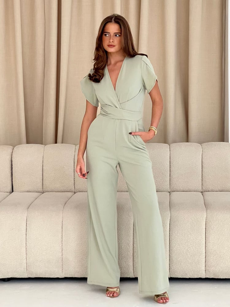 Girl In Mind Green Bridget Twist Front Split Arm Jumpsuit - Image 1 of 5