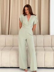 Girl In Mind Green Bridget Twist Front Split Arm Jumpsuit - Image 2 of 5