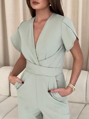 Girl In Mind Green Bridget Twist Front Split Arm Jumpsuit - Image 5 of 5