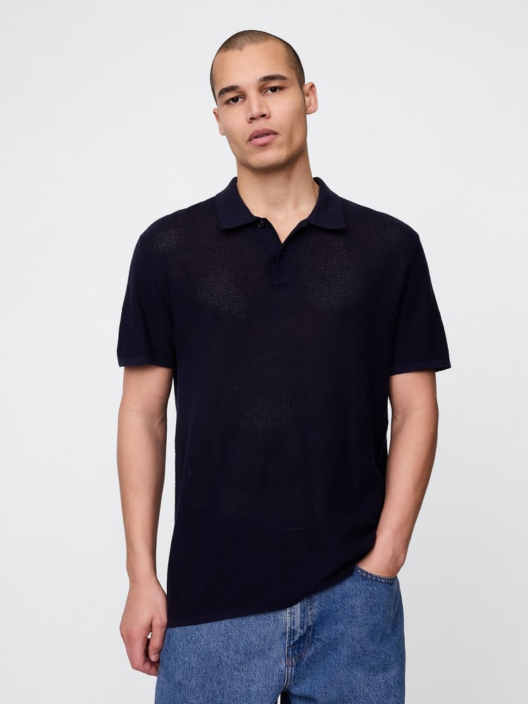 Gap Navy/Blue Textured Crochet Short Sleeve Polo Shirt - Image 1 of 5