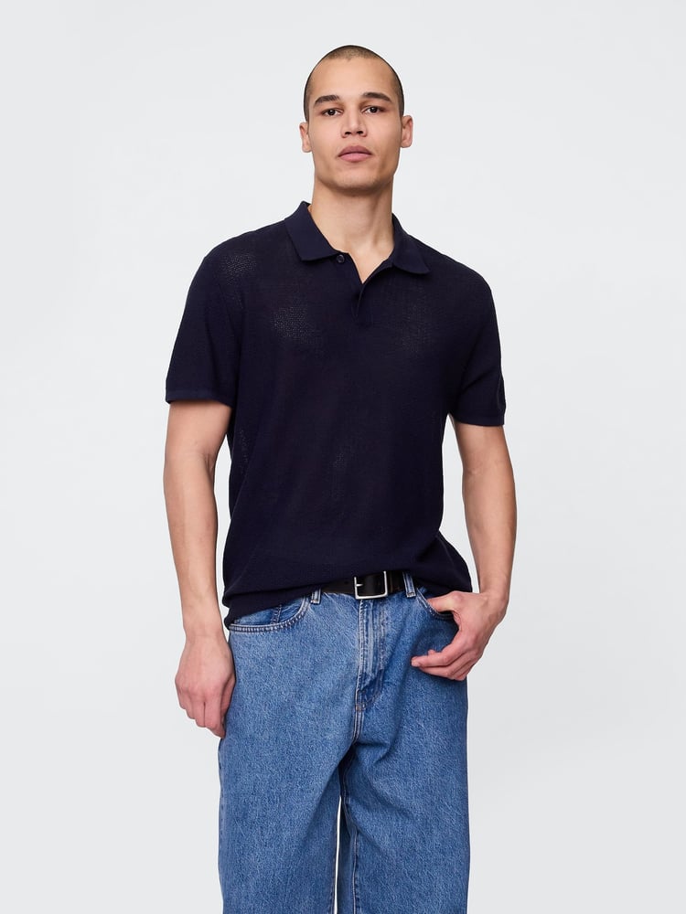 Gap Navy/Blue Textured Crochet Short Sleeve Polo Shirt - Image 2 of 5