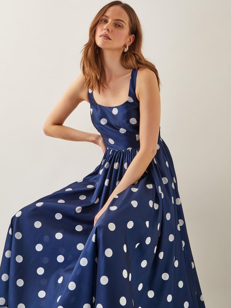 Monsoon Blue Sicily Polka Dot Fit & Flare Midi Dress - Image 1 of 6