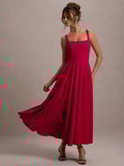 Club L London Red Parina Strappy Volume Hem Midi Dress - Image 1 of 6
