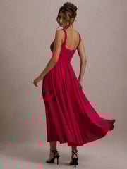 Club L London Red Parina Strappy Volume Hem Midi Dress - Image 2 of 6