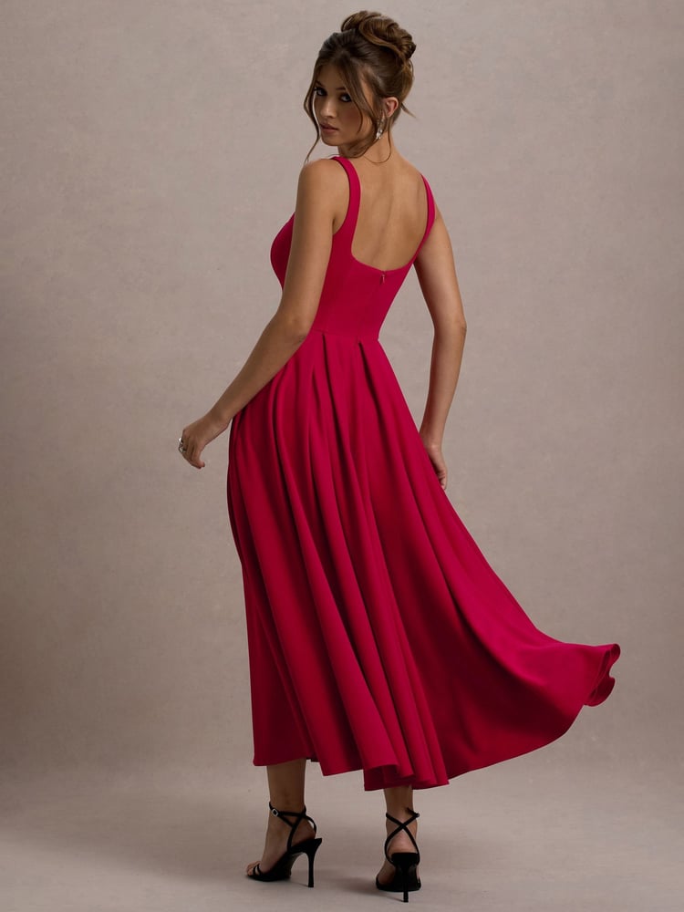 Club L London Red Parina Strappy Volume Hem Midi Dress - Image 2 of 6