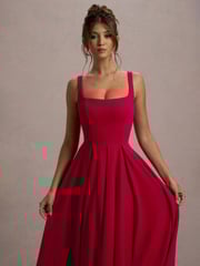 Club L London Red Parina Strappy Volume Hem Midi Dress - Image 3 of 6