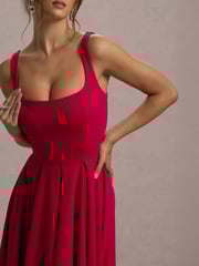 Club L London Red Parina Strappy Volume Hem Midi Dress - Image 4 of 6