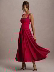 Club L London Red Parina Strappy Volume Hem Midi Dress - Image 5 of 6