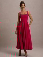 Club L London Red Parina Strappy Volume Hem Midi Dress - Image 6 of 6