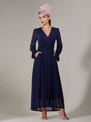 Jolie Moi Navy Petite Petite Long Sleeve Soft Silky Jersey Midi Dress - Image 1 of 6