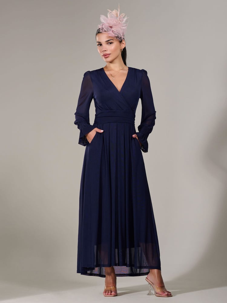 Jolie Moi Navy Petite Petite Long Sleeve Soft Silky Jersey Midi Dress - Image 1 of 6