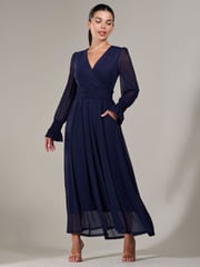Jolie Moi Navy Petite Petite Long Sleeve Soft Silky Jersey Midi Dress - Image 5 of 6
