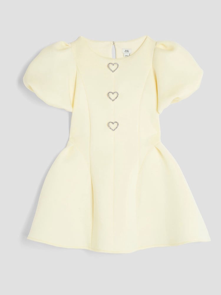 River Island Yellow Girls Scuba Bow Skater Puff Dress - Image 1 of 4 River Island Yellow Girls Scuba Bow Skater Puff Dress - Image 1 of 4