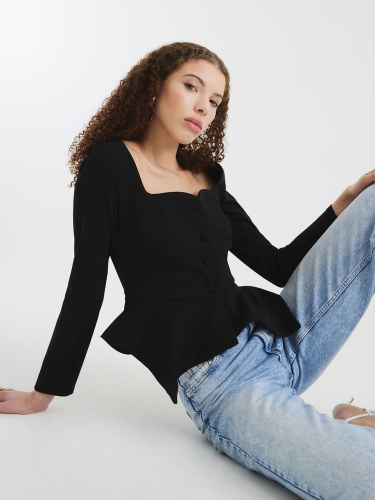 River Island Black Peplum Sweetheart Blouses - Image 1 of 4 River Island Black Peplum Sweetheart Blouses - Image 1 of 4