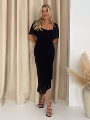 Girl In Mind Black Heidi Chiffon Ruched Midi Dress - Image 1 of 5