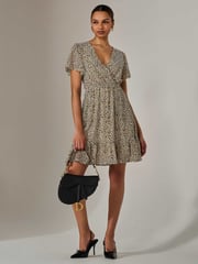 Jolie Moi Cream Chiffon Short Sleeve Tie Waist Mini Dress - Image 1 of 6