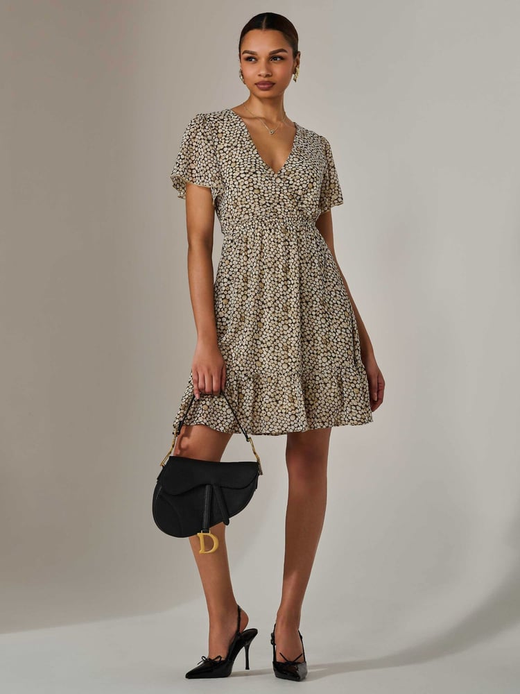 Jolie Moi Cream Chiffon Short Sleeve Tie Waist Mini Dress - Image 1 of 6