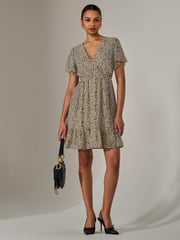 Jolie Moi Cream Chiffon Short Sleeve Tie Waist Mini Dress - Image 5 of 6