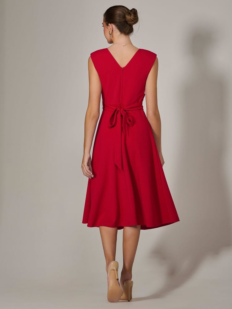 Jolie Moi Red Sleeveless Tie Waist Midi Dress - Image 2 of 6