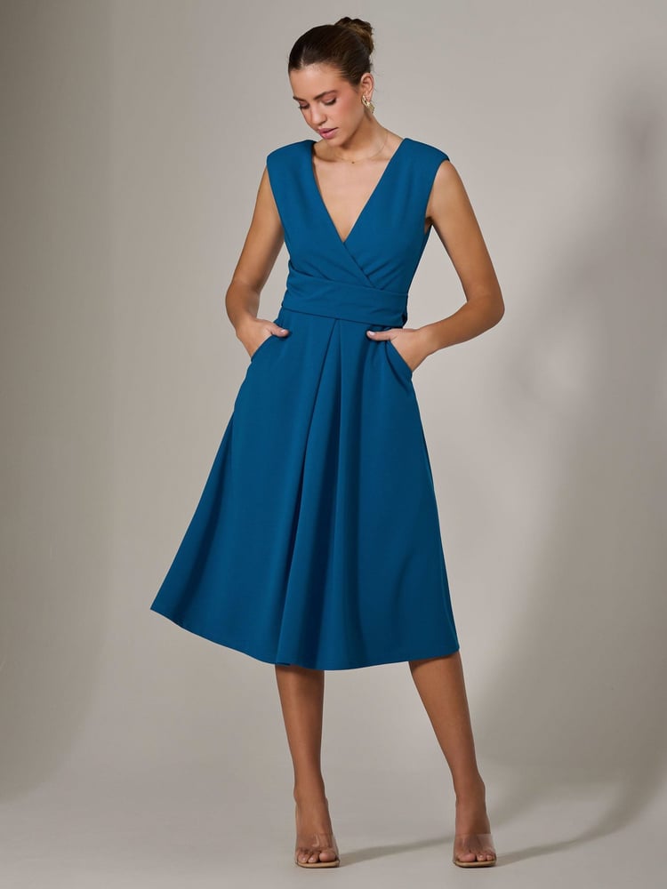 Jolie Moi Blue Sleeveless Tie Waist Midi Dress - Image 1 of 6