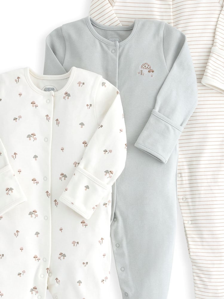Mamas & Papas Grey Mushroom Prints 100% Cotton Sleepsuits 3 Pack - Image 2 of 2