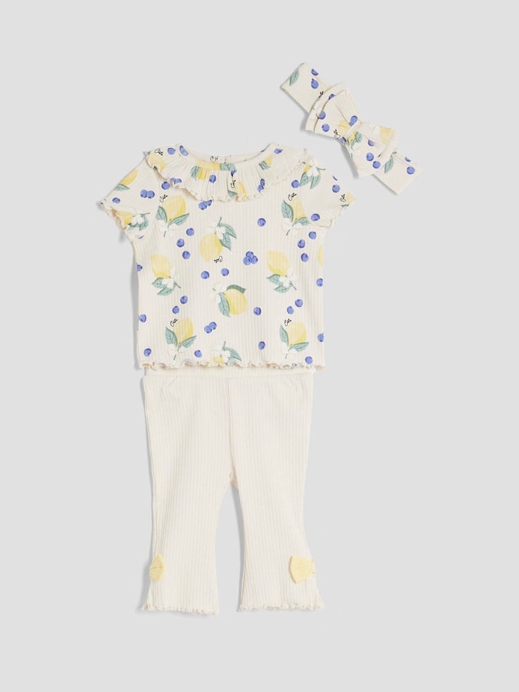 River Island Brown Baby Girls Beige Lemon Kickflare Tops & Leggings Set 3 Pack - Image 1 of 5