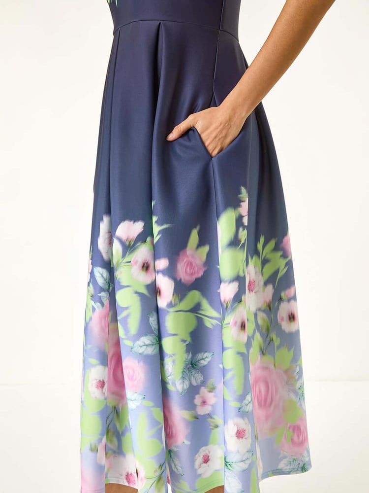 Roman Blue Floral Print Border Scuba Midi Dress - Image 5 of 5