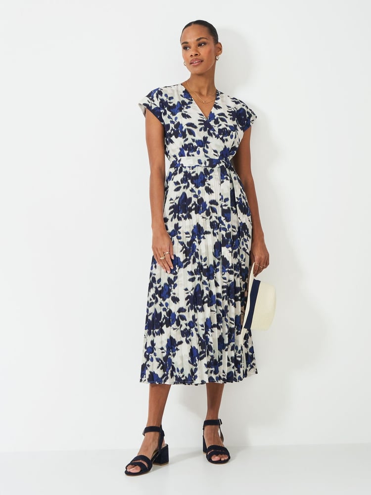 Crew Clothing Blue Wrap Front Print Pleated Dress - Image 1 of 5