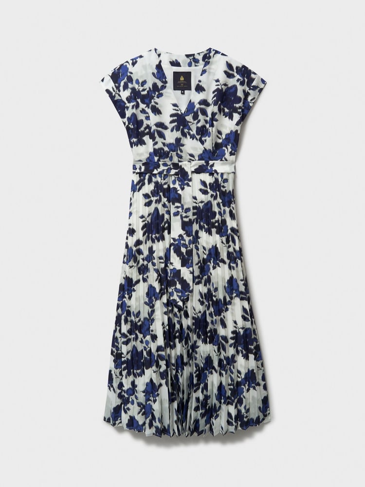 Crew Clothing Blue Wrap Front Print Pleated Dress - Image 5 of 5