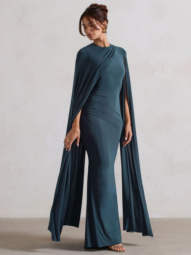 Club L London Blue Magdelena Asymmetric Cape Maxi Dress - Image 2 of 5