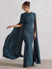 Club L London Blue Magdelena Asymmetric Cape Maxi Dress - Image 3 of 5