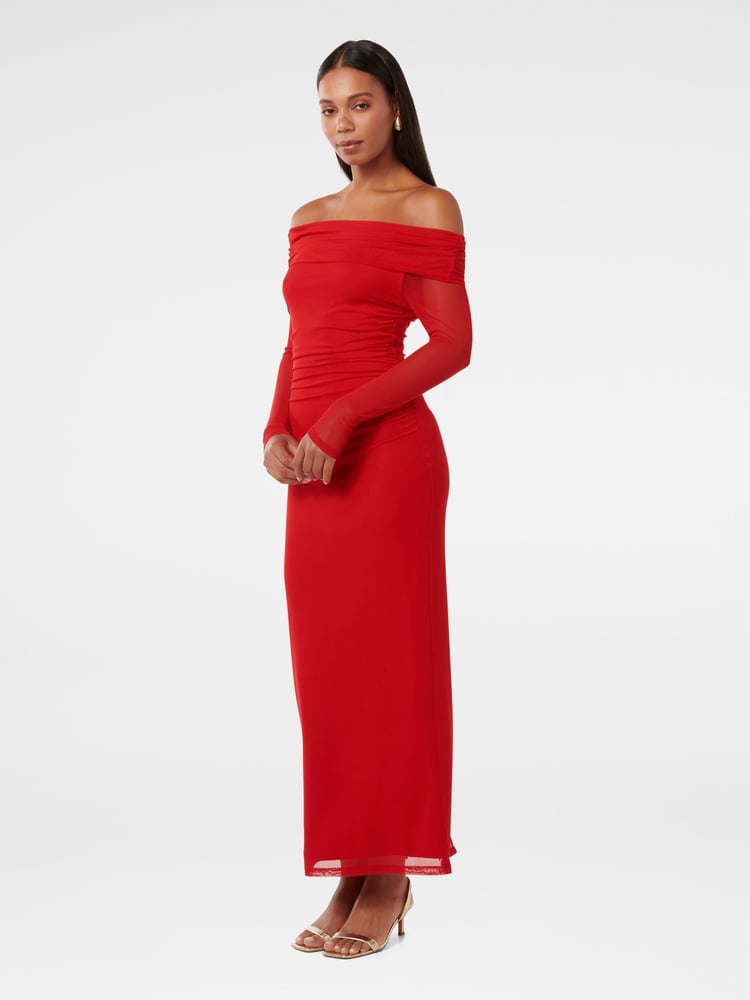 Forever New Red Minnie Mesh Bardot Midi Dress - Image 4 of 4