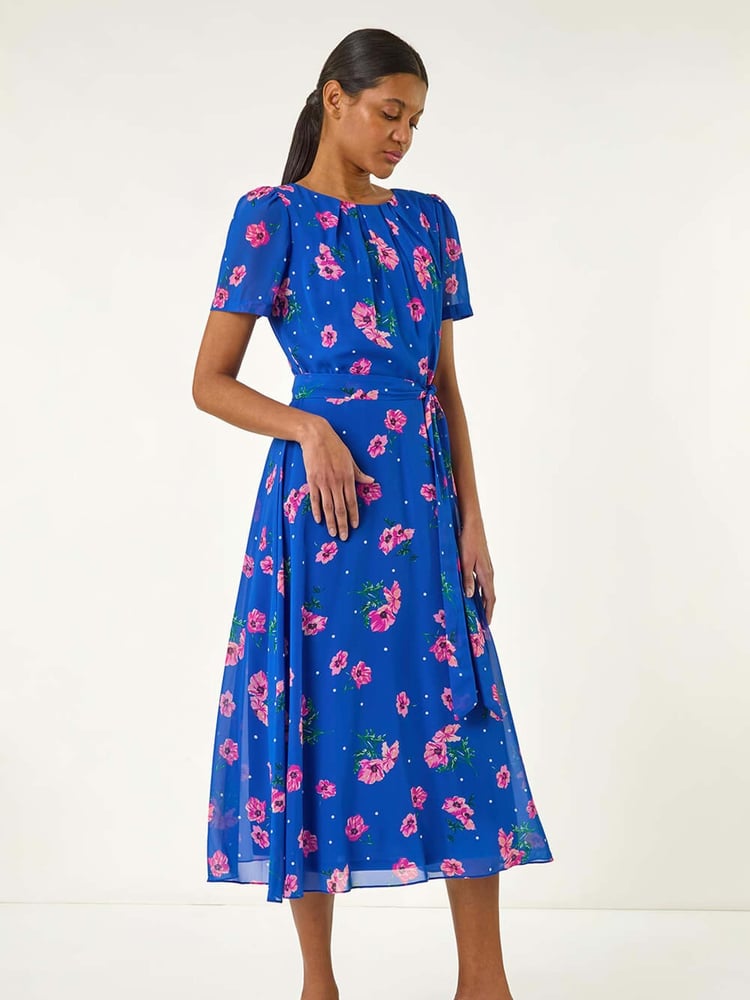 Roman Blue Floral Pleated Chiffon Dress - Image 1 of 2