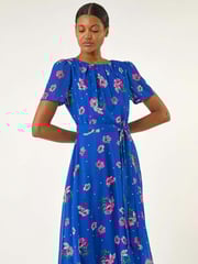 Roman Blue Floral Pleated Chiffon Dress - Image 2 of 2