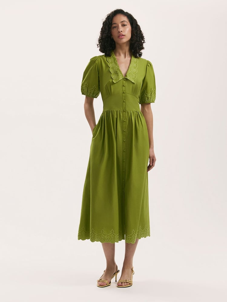 Finery Green Arianna Embroidered Cotton Midi Dress - Image 1 of 4