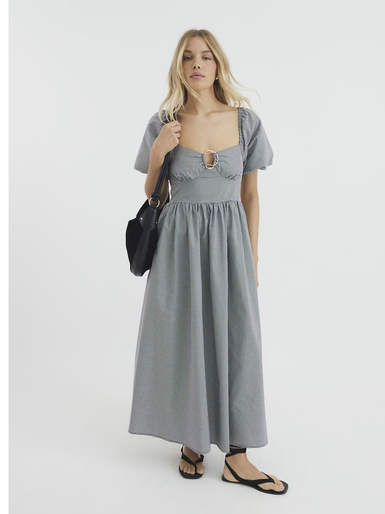 River Island Black Gingham Poplin Trim Midi Dress - Image 1 of 4