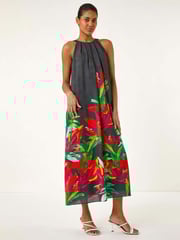 Roman Black Floral Print Watercolour Motif Midi Dress - Image 1 of 5