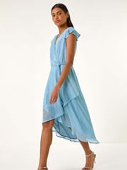 Roman Blue Shimmer Plisse Wrap Dress - Image 1 of 5