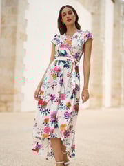 Yumi Cream Flower  Print Wrap Midi Dress - Image 1 of 5