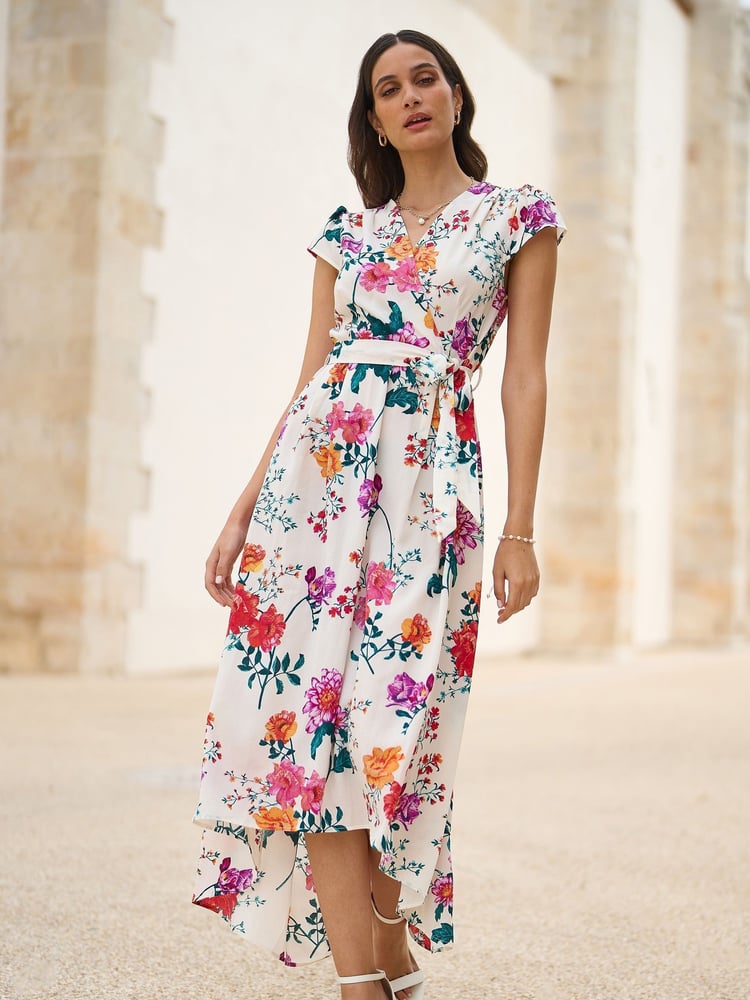 Yumi Cream Flower  Print Wrap Midi Dress - Image 1 of 5