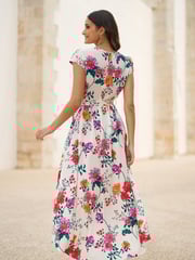 Yumi Cream Flower  Print Wrap Midi Dress - Image 4 of 5