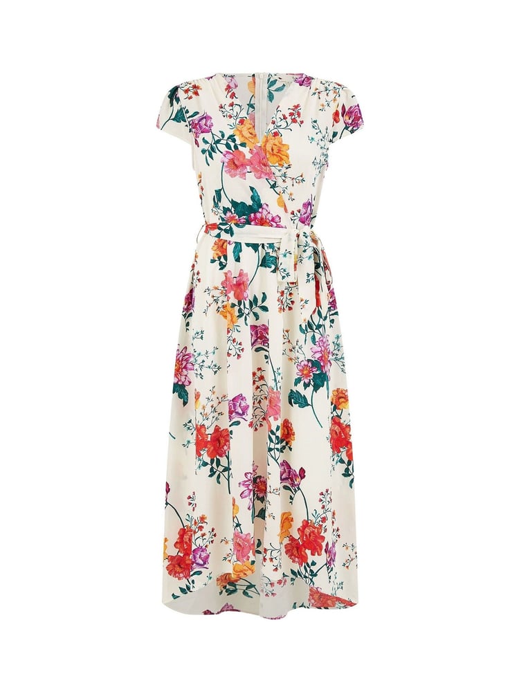 Yumi Cream Flower  Print Wrap Midi Dress - Image 5 of 5