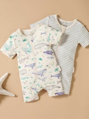 Purebaby Blue Turtle Print Short Sleeve 100% Cotton Sleepsuits 2 Pack - Image 1 of 5