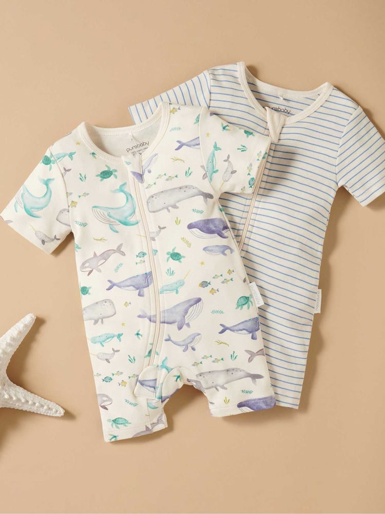 Purebaby Blue Turtle Print Short Sleeve 100% Cotton Sleepsuits 2 Pack - Image 1 of 5