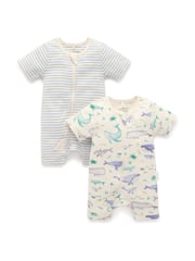 Purebaby Blue Turtle Print Short Sleeve 100% Cotton Sleepsuits 2 Pack - Image 2 of 5