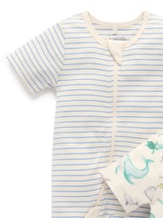 Purebaby Blue Turtle Print Short Sleeve 100% Cotton Sleepsuits 2 Pack - Image 3 of 5