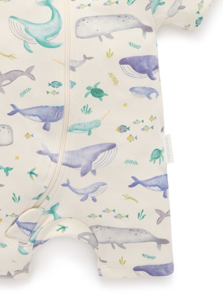 Purebaby Blue Turtle Print Short Sleeve 100% Cotton Sleepsuits 2 Pack - Image 5 of 5